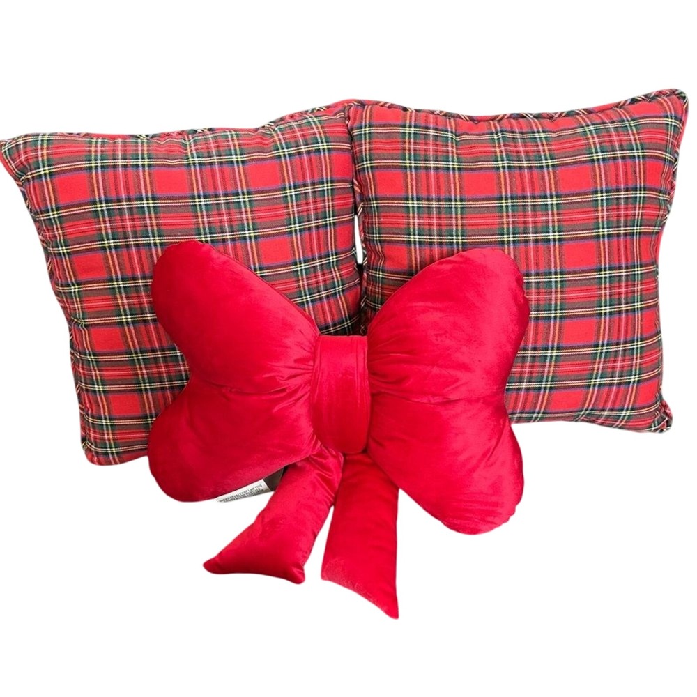Deco Red Classic Plaid Holiday Pillow Set with Velvet Bow 18" NEW